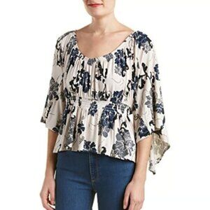 Free People Women's Printed Floral Angel Sleeves Blouse Navy/Ivory